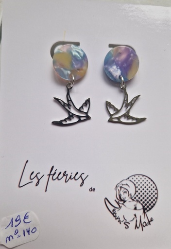 B.O. clou argenté rond marbré bleu/rose hirondelle (Fééries)