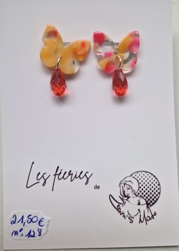 B.O. clou argenté papillon rose/orange goute swarovski peach (Fééries)