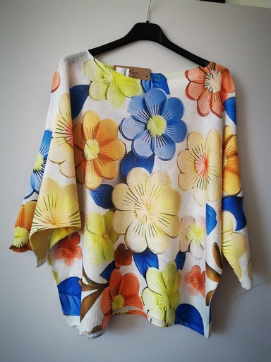 Pull maille fleurs bleue-jaune