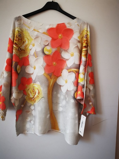 Pull maille fleurs corail-jaune