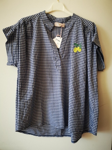 blouse vichy citron col mao marine