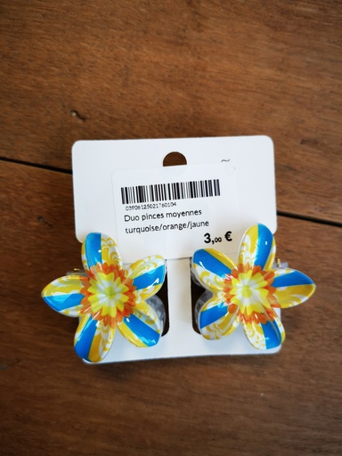 Duo pinces turquoise/orange/jaune