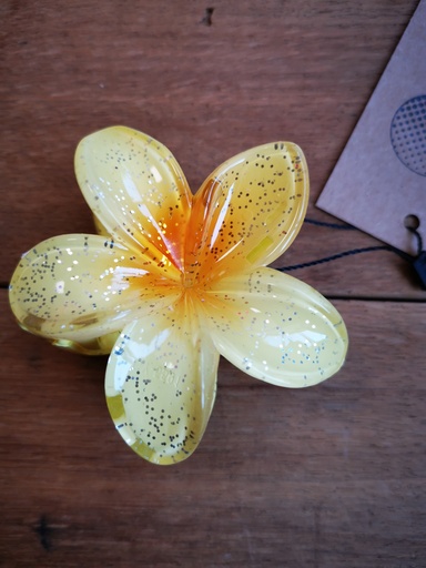 Grande pince "fleur de tiaré" pailletées et argentées jaune