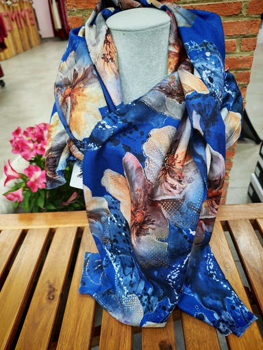 Foulard fleuri dorure bleu roi