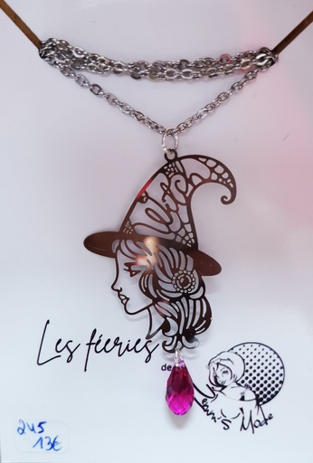 Collier argenté sorcière goute purecrystal Fuchsia (Fééries)