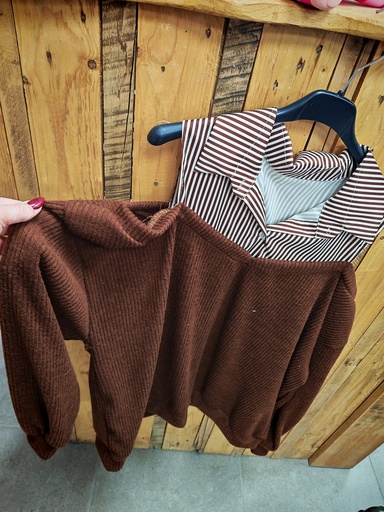 Pull col chemise épaule Noisette/Ecru