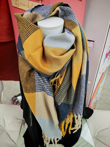 Echarpe cubie moutarde-bleue