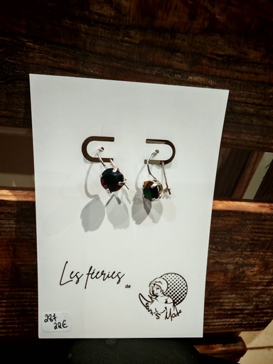 Crochets d'oreilles argentés cabochons PureCrystal Dark Rainbow