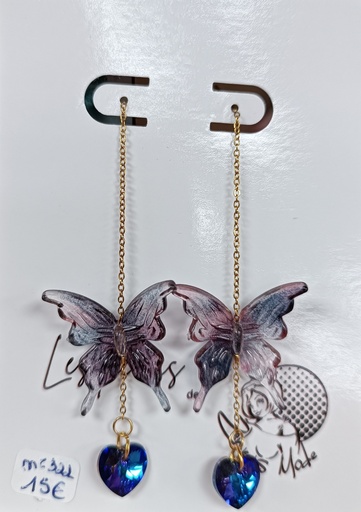 Boucles d'oreilles chaine papillon coeur PureCrystal Bermuda Blue (Fééries)