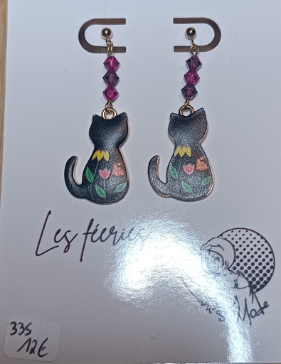 Boucles d'oreilles dorées Chats Noir/Fleurs Toupies 4mm PureCrystal tons Purple (Fééries)