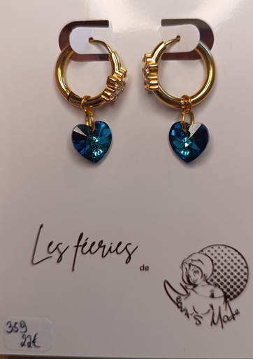 Créoles dorées rondes strass Coeurs PureCrystal Bermuda Blue (Fééries)