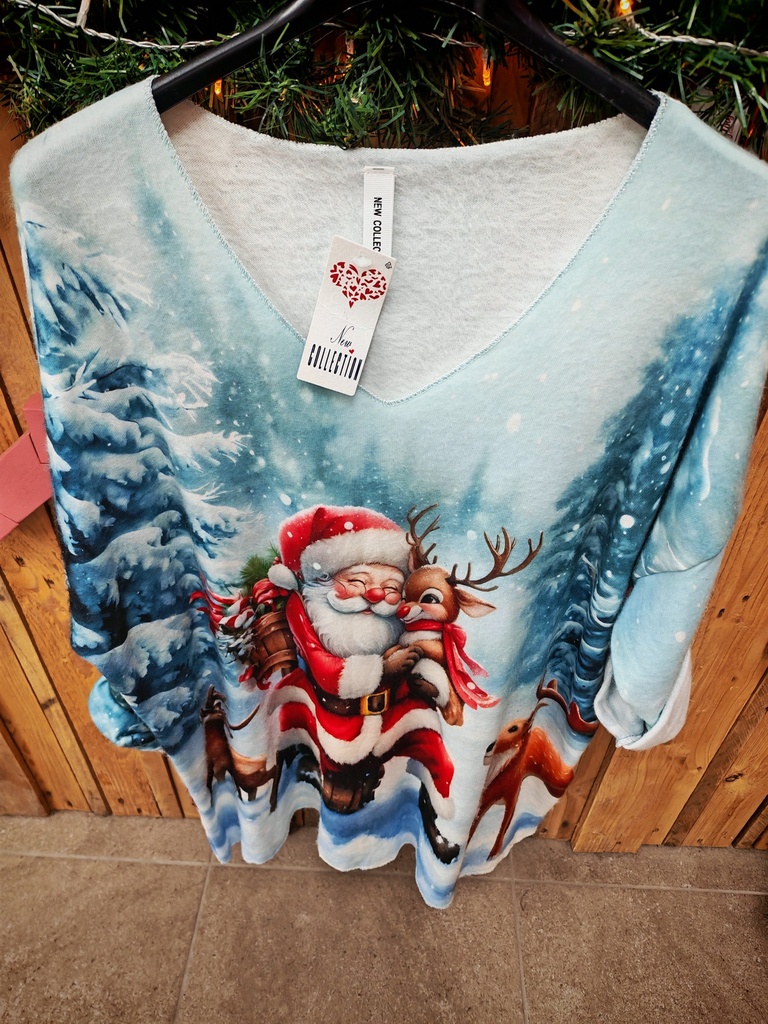 Pull noël père noël cerf bleu