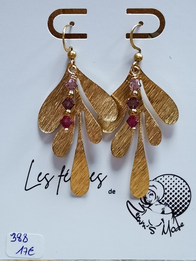 Boucles d'oreilles feuilles griffées dorées toupies PureCrystal tons Purple (Fééries)