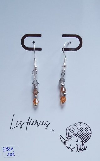 Boucles d'oreilles argentées descentes Toupies 4mm PureCrystal tons Brun (Fééries)