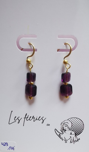 Boucles d'oreilles dorées Perles Carrées PureCrystal Amethyst (Fééries)