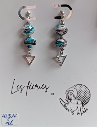 Boucles d'oreilles Argent 925 Triangle perles de Murano Turquoise/Chocolat (Fééries)