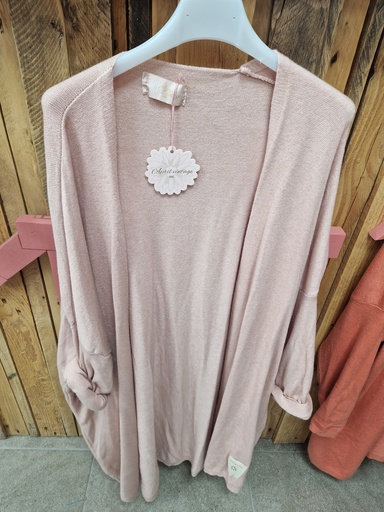 Gilet long uni "Oriane" rose poudré