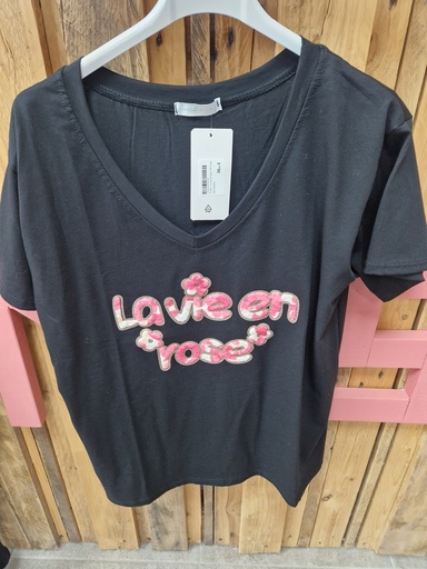 T-shirt "La vie en rose" PT fond noir fuchsia