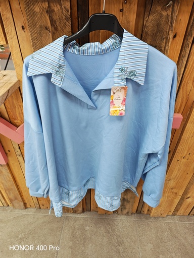 Pull chemise fleurs "Cereza" Bleu ciel