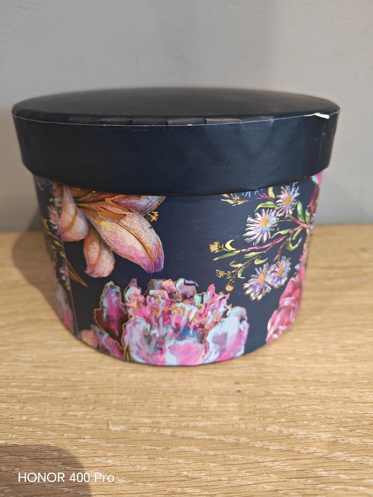 Boite ronde bleue nuit fleurs colorées