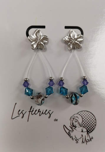 Clous d'oreilles argentés Gingko perles Murano et toupies PureCrystal Demin Blue & Iris