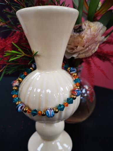 Bracelet doré perles Murano et toupies PureCrysta Blue Zircon & Orange Fluo