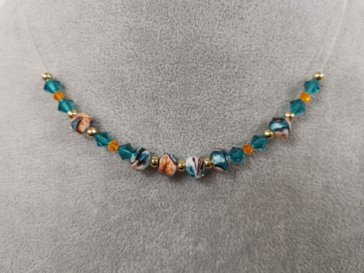 Collier transparent perles Murano et toupies PureCrystal Blue Zircon & Orange Fluo