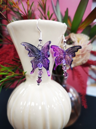 Boucles d'oreilles argentées Papillons mauve noir toupies PureCrystal tons Purple