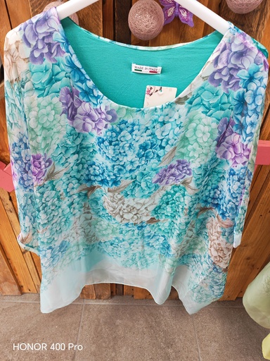 Blouse voile Floria fleurie vert cyan