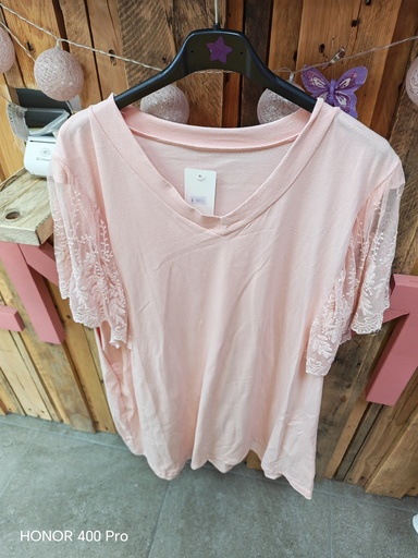 T-shirt Liana manches dentelle rose