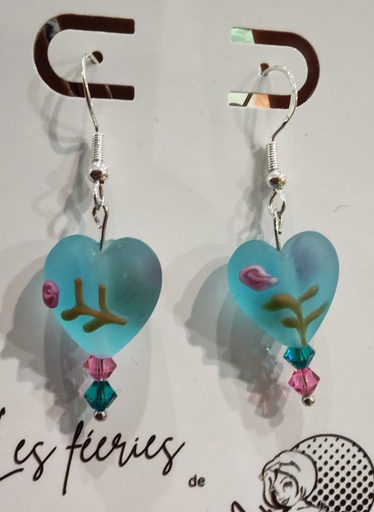Boucles d'oreilles argentées coeur Murano bleu Toupies PureCrystal Blue Zircon et Indian Rose