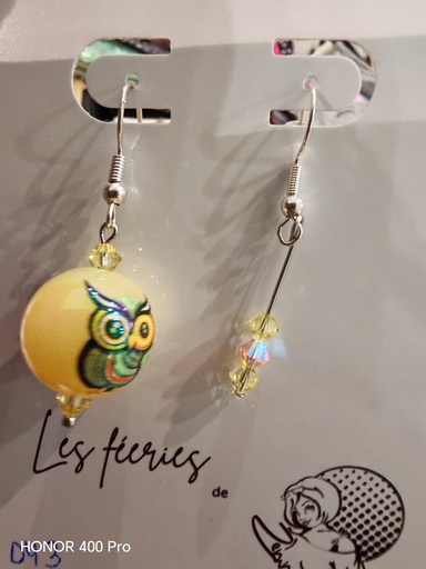 Boucles d'oreilles argentées asymétriques Hiboux jaune et Toupies PureCrystal Light Peach & Light Topaz