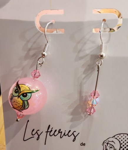 Boucles d'oreilles argentées asymétriques Hiboux Rose Toupies PureCrystal Rose & Light Peach