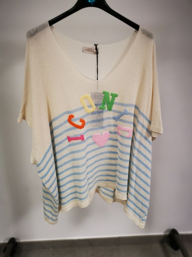 Pull manches courtes "Iconic" Ecru ligné bleu ciel