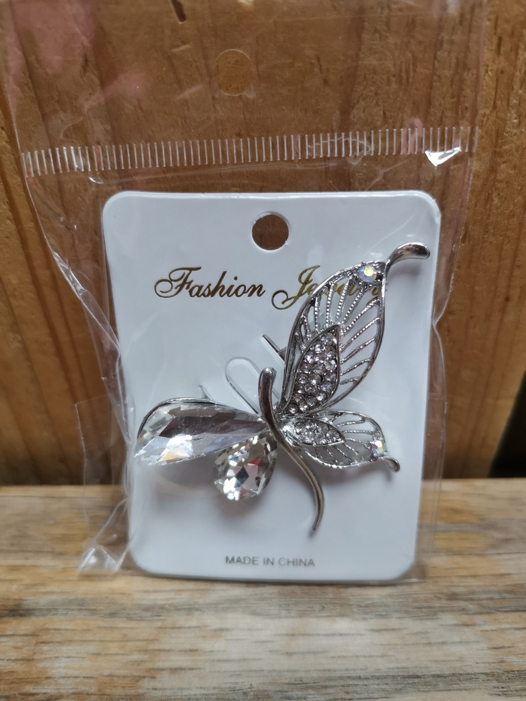 Epingle papillon strass blanc-argenté gilet-foulard