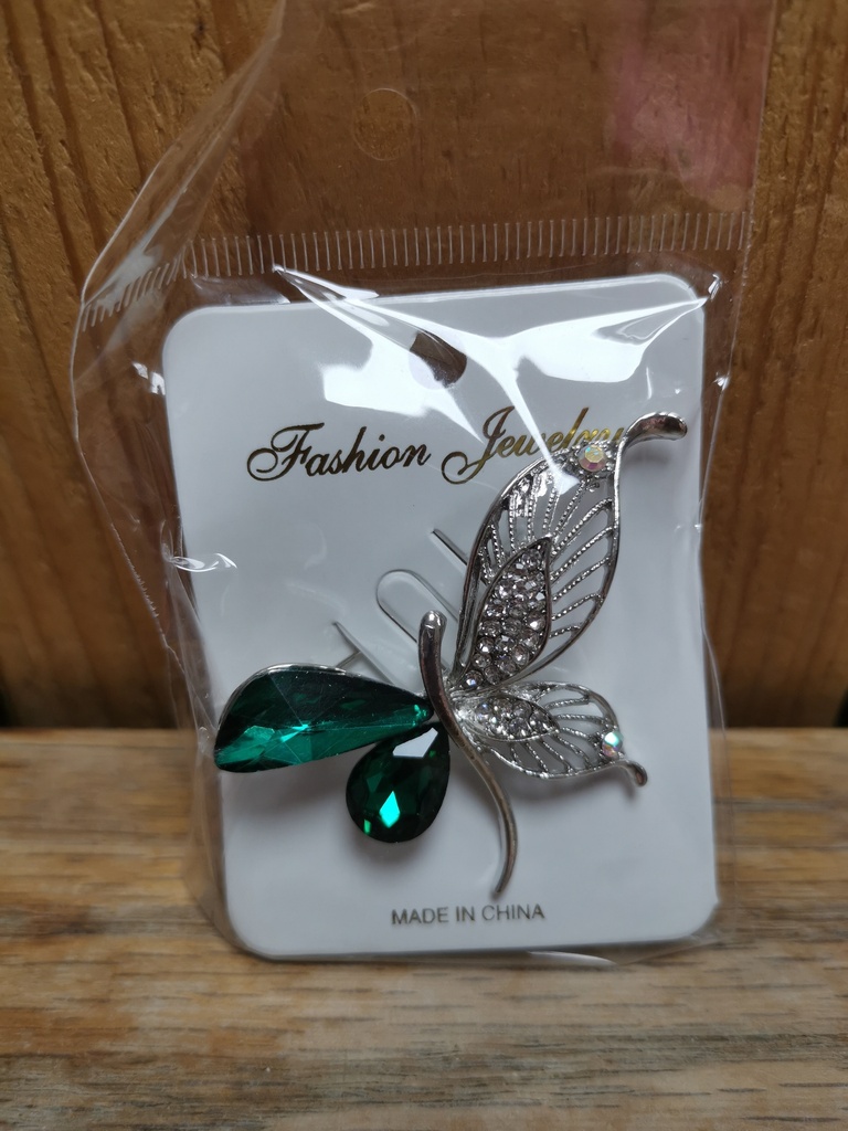 Epingle papillon strass vert-argenté gilet-foulard