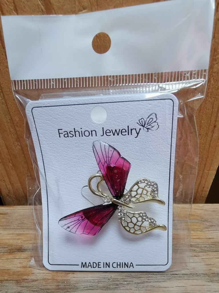 Epingle papillon 2 ailes strass rose-doré gilet-foulard