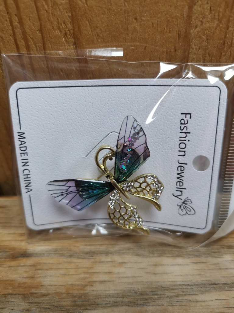 Epingle papillon 2 ailes strass mauve,vert-doré gilet-foulard
