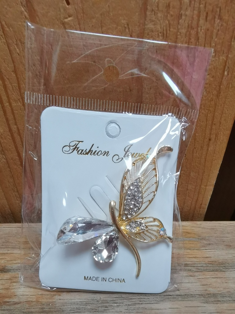 Epingle papillon strass blanc-doré gilet-foulard
