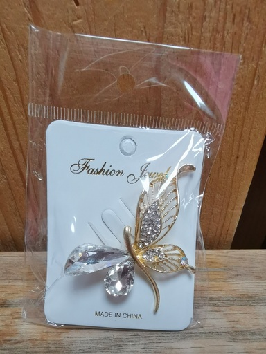 Epingle papillon strass blanc-doré gilet-foulard