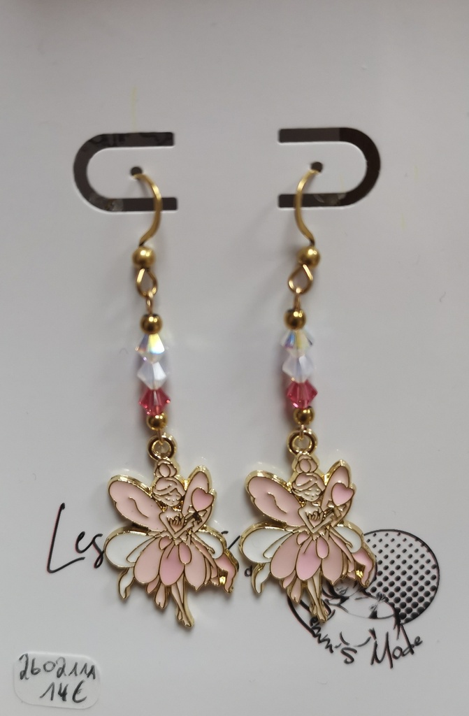Boucles d'oreilles dorées Fées Rose Toupies Padparadsha & Blanc