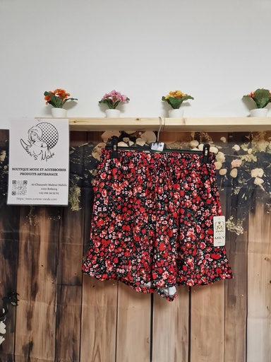 Short fluide noir fleuri rouge