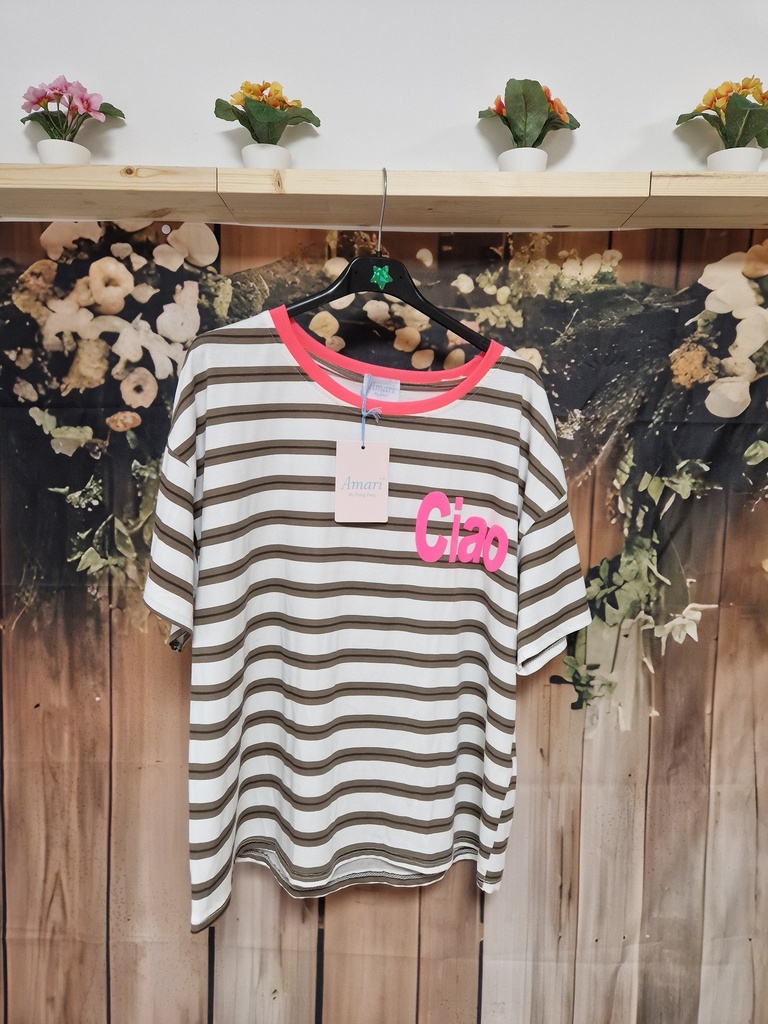 T-shirt "Ciao" ligné blanc-chocolat