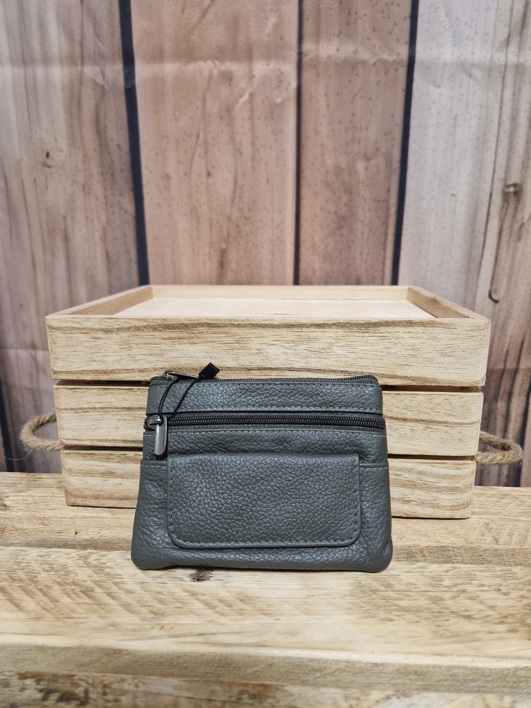 Pochette cuir "Puggy" 2 tirettes et poches kaki