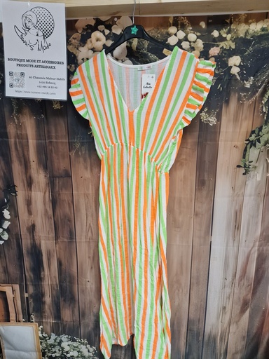 Robe gaze de coton lignée verte fluo et orange