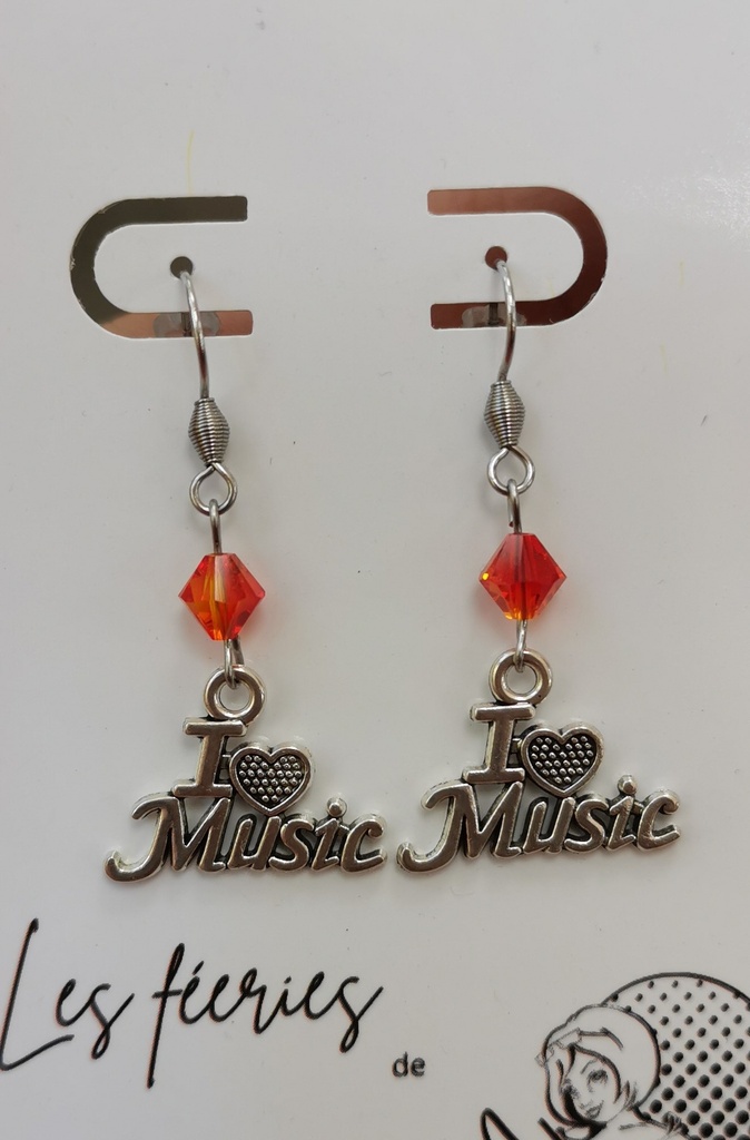 Boucles d'oreilles argentées "I love Music" toupies FireOpal