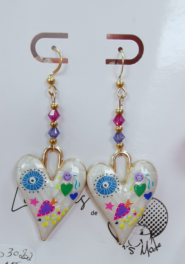 Boucles d'oreilles dorées cœurs nacrés toupies Iris & Fuchsia