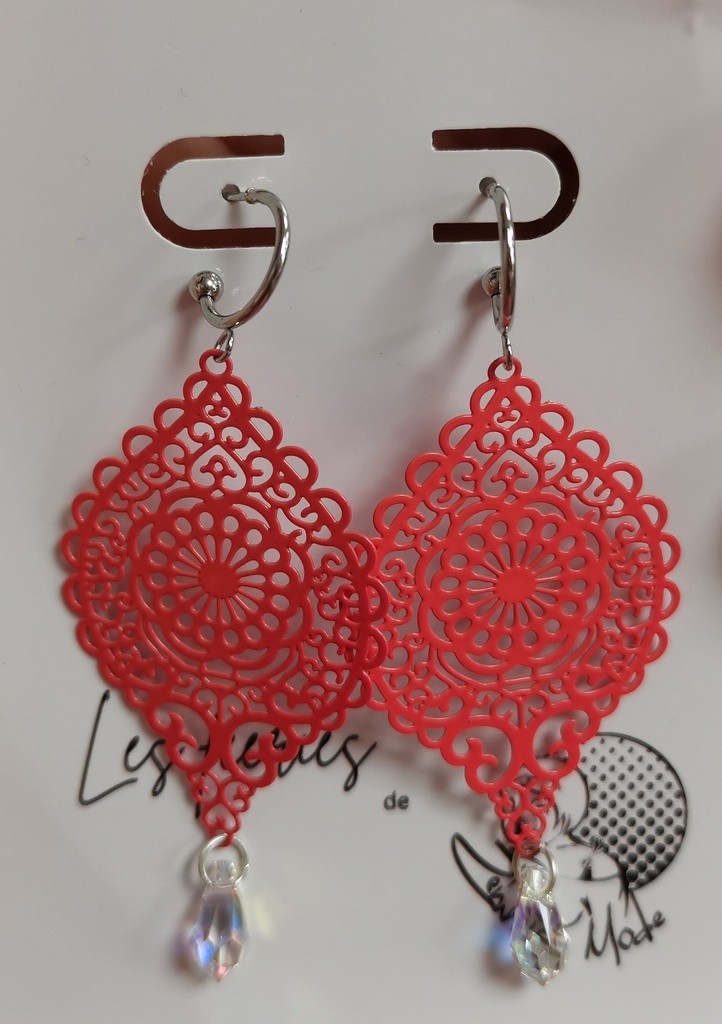 Boucles d'oreilles argentées baroques rose fluo gouttes Crystal AB