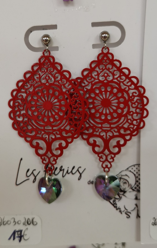 Boucles d'oreilles argentées baroques rouge gouttes Vitrail Medium