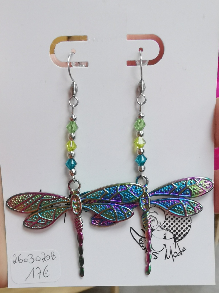 Boucles d'oreilles libellules arc-en ciel tons Verts